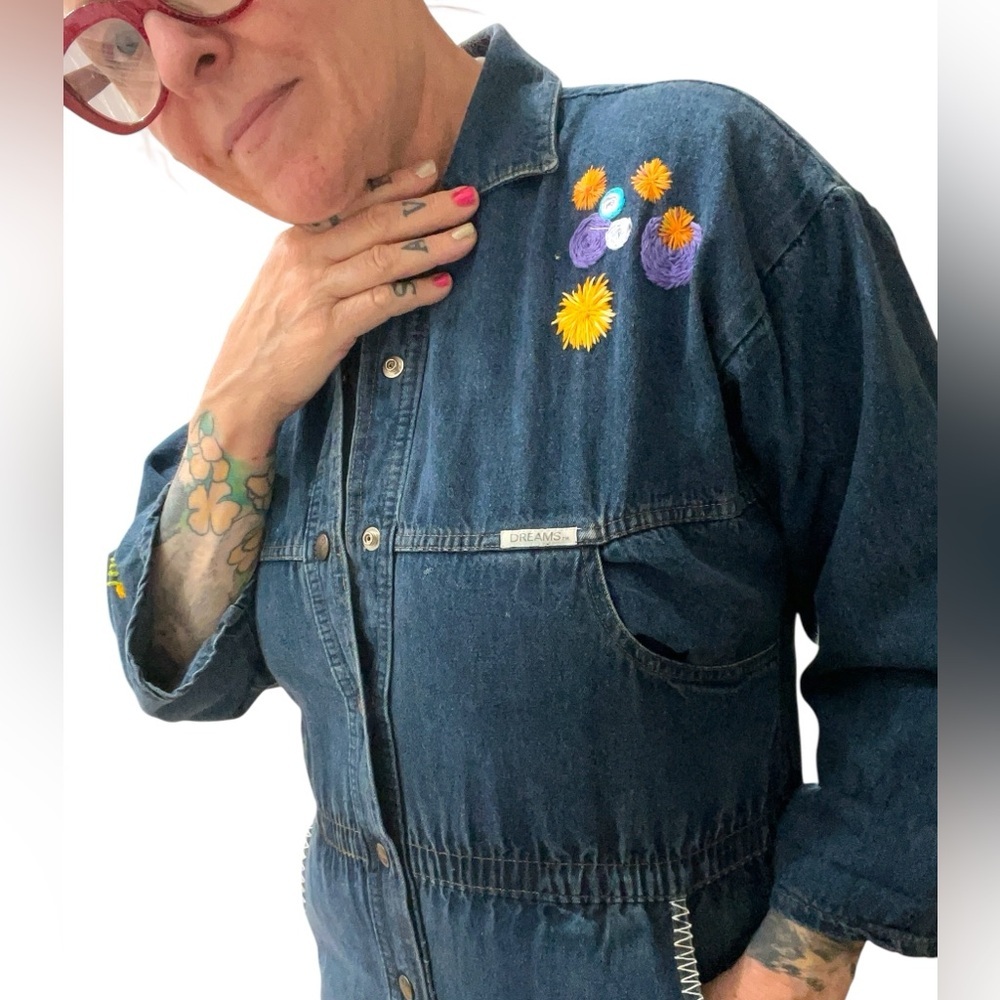 Hand embroidered Dreams custom Blue Denim Mechanic Jumpsuit Coveralls - Picture 6 of 12